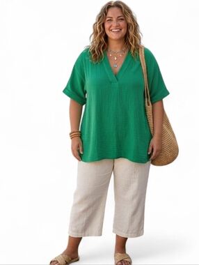 Estelle Green Double Gauze Cotton V-Neck Kaftan Top Plus Size 2X